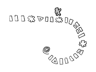 dibujo de una persona al lado de una combinación extensa de varios símbolos en la cinta