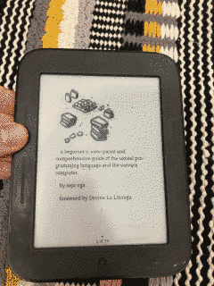 photo of an ebook reader showing an illustration and metadata of the book