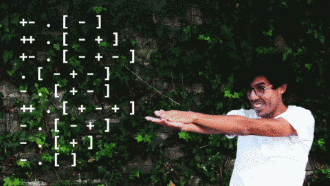 photo of a smiling person who seems to be dancing, with extended arms in front of them. they are pointing towards the left, where there's an overlay of some kind of code written with addition and subtraction signs, periods, and square brackets.
