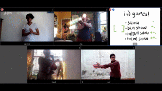 screenshot of the jitsi meeting with four human participants and one screen with the title 