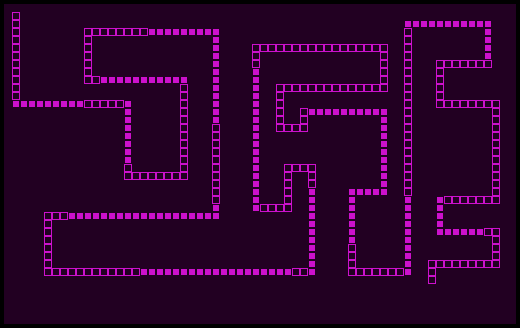 screenshot of a possible result of running the following program; it shows a trail drawn with filled or outlined squares.