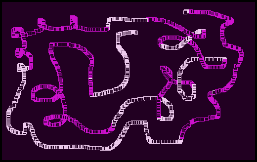 captura de pantalla que muestra un dibujo realizado con el programa: líneas onduladas compuestas por cuadrados superpuestos de dos colores diferentes