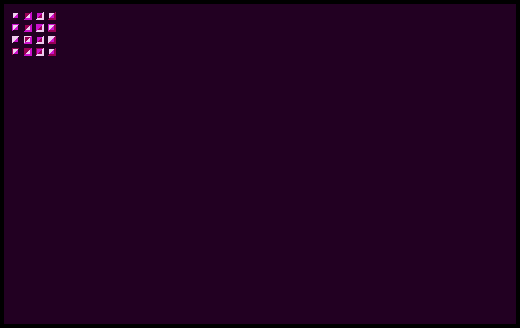 captura de pantalla de la salida del programa, mostrando 16 cuadrados coloreados con diferentes combinaciones de contorno y relleno.